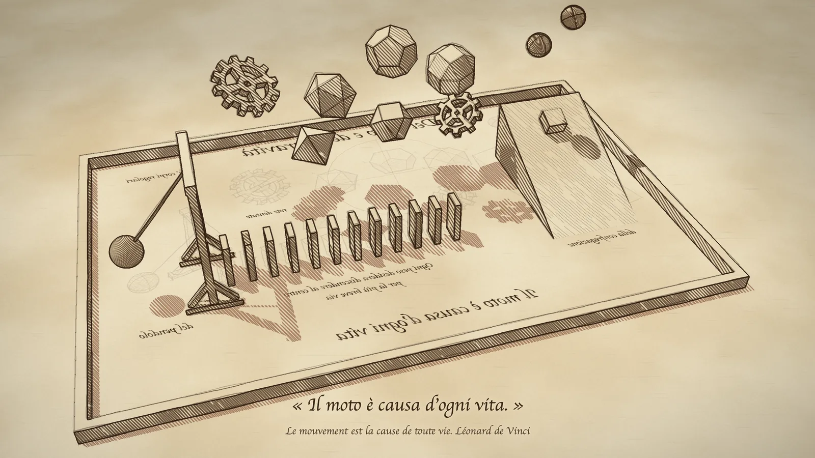 Page de carnet façon Léonard de Vinci : un pendule, des dominos, des polyèdres et des engrenages dessinés à l'encre flottent au-dessus du papier.